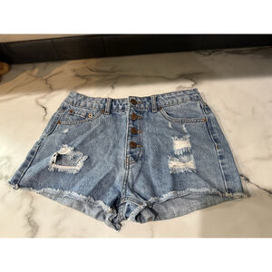 Forever 21 LA Women's Blue Denim Jean Shorts Size 26 Button Fly Destructed
